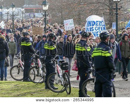 Malieveld, The Hague, The Netherlands - February 7 2019: School Children Skipping School To Protest 