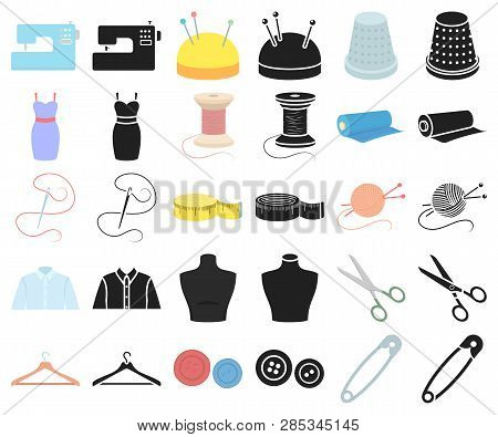 Atelier And Sewing Cartoon, Black Icons In Set Collection For Design. Equipment And Tools For Sewing