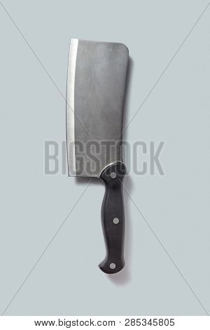 Meat cleaver melall isolated on a white background with soft shadows with place for text. Flat lay