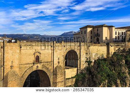 Ronda, Spain - Dec 2018: Puente Nuevo (new Bridge) Span The 120-metre Deep Gorge That Carries The Gu