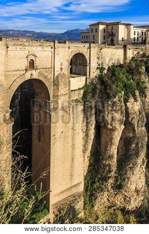Ronda, Spain - Dec 2018: Puente Nuevo (new Bridge) Span The 120-metre Deep Gorge That Carries The Gu