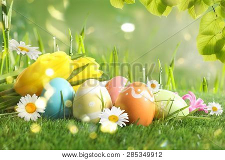 Colorful Easter Eggs And Beautiful Flowers On Green Grass In Garden