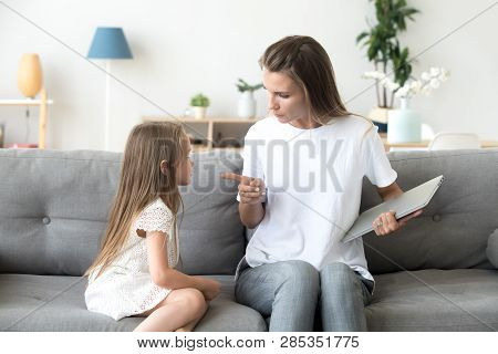 Strict Mother Scolding Little Daughter For Long Laptop Use
