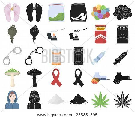 Drug Addiction And Attributes Cartoon, Black Icons In Set Collection For Design. Addict And Drug Vec
