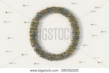 Large Group Of People Forming Letter O, Capital English Alphabet Text Character In Social Media And 