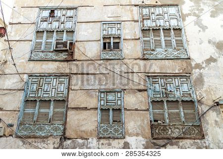 Old City In Jeddah Saudi Arabia Known As Historical Jeddah. Old And Heritage Windows And Doors In Je