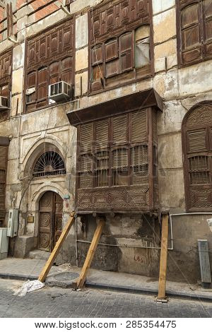 Old City In Jeddah Saudi Arabia Known As Historical Jeddah. Old And Heritage Windows And Doors In Je