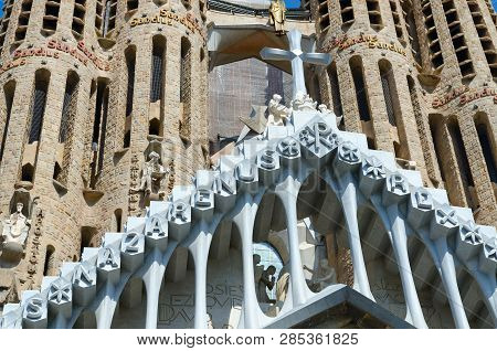Barcelona, Spain - September 13, 2018: Fragment Of Famous Expiatory Church Of Holy Family (sagrada F
