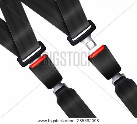 Set Of Realistic Transportation Seat Belts With Textured Black Strap On White Background Vector Illu