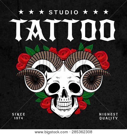Horns Tattoo Salon Design Poster With Horned Skull And Roses Sketch On Black Background With Text Ve