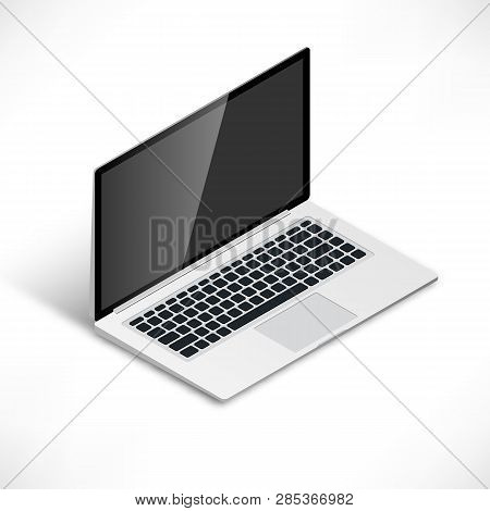 Realistic Laptop Isometric Vector Illustration. 3d Computer Notebook With Empty Screen Isolated On W