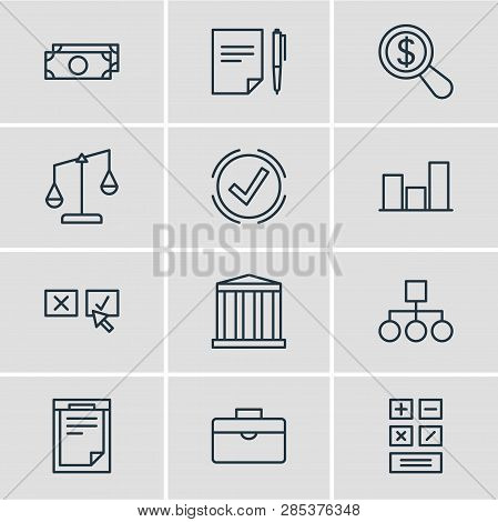Vector Illustration Of 12 Management Icons Line Style. Editable Set Of Structure, Bar, Research And 