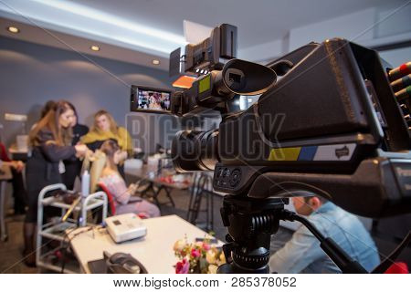 Makeup Cosmetic At Home. Focus On Tripod Mounted Video Camera Screen Showing . In Front Of The Camer