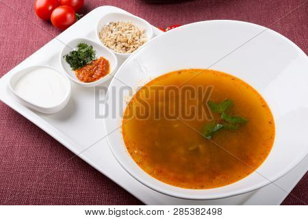 Kharcho Soup Served For Lunch With Some Ingredients