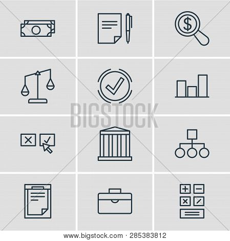 Illustration Of 12 Trade Icons Line Style. Editable Set Of Structure, Bar, Research And Other Icon E