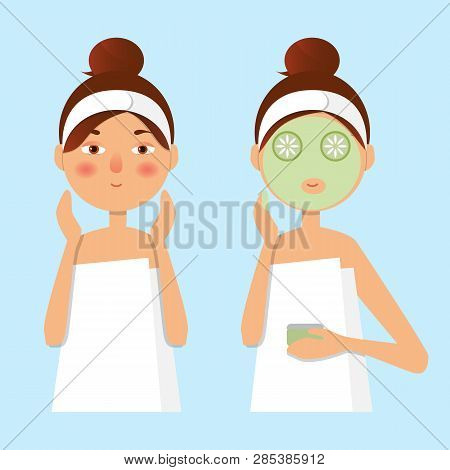 Beautiful Girl Inflicts A Mask Of Clay Or Cream On The Face. Beauty, Body Care Concept. Vector Illus