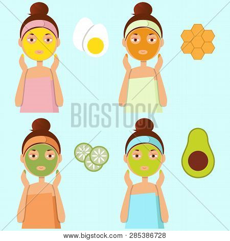 Beautiful Girl Inflicts A Mask Of Clay Or Cream On The Face. Beauty, Body Care Concept. Vector Illus