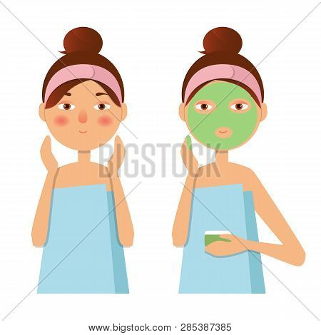 Beautiful Girl Inflicts A Mask Of Clay Or Cream On The Face. Beauty, Body Care Concept. Vector Illus
