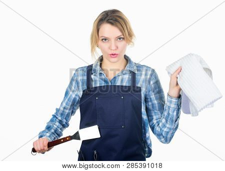 Grilling Food. Woman Checkered Shirt And Apron For Cooking White Background. Cooking Meat At Low Tem