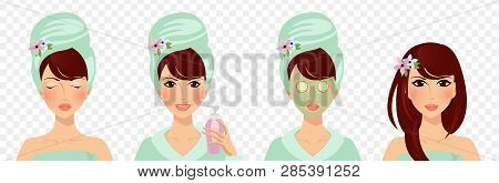 Set Of Skincare Stages Isolated On Transparent Background. Girl Care And Protect Face With Various A
