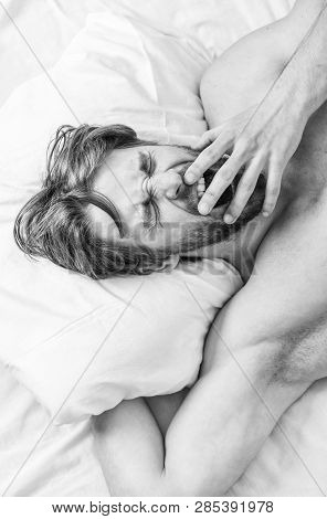 Man Handsome Guy Lay In Bed. Expert Tips On Sleeping Better. Get Adequate And Consistent Amount Of S