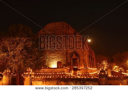 Candlelight Procession On Buddhist Day At Mahaeyong Temple In Thailand
