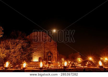 Candlelight Procession On Buddhist Day At Mahaeyong Temple In Thailand