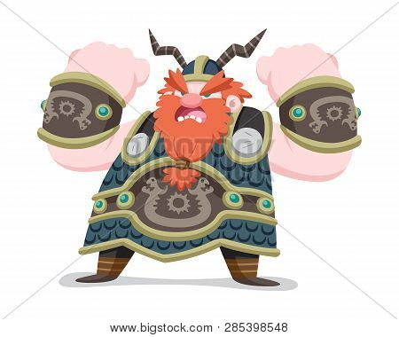 Flat Cartoon Style Bulky Body Shape Viking Shouting Battle Cry Illustration