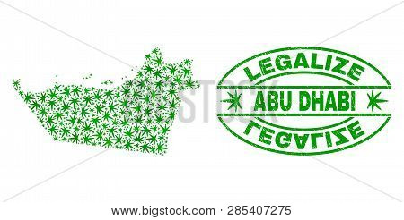 Vector Cannabis Abu Dhabi Emirate Map Collage And Grunge Textured Legalize Stamp Seal. Concept With 