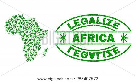 Vector Cannabis Africa Map Mosaic And Grunge Textured Legalize Stamp Seal. Concept With Green Weed L