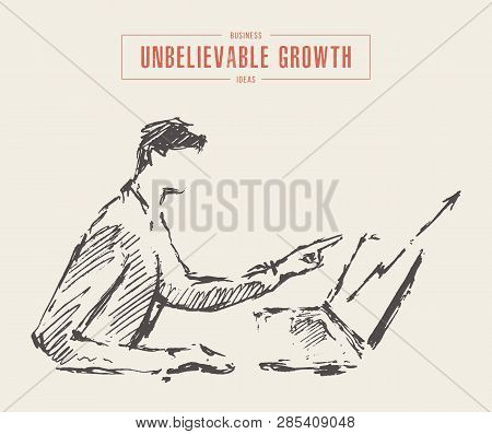 Sketch Man Sitting Laptop Growing Chart Vector
