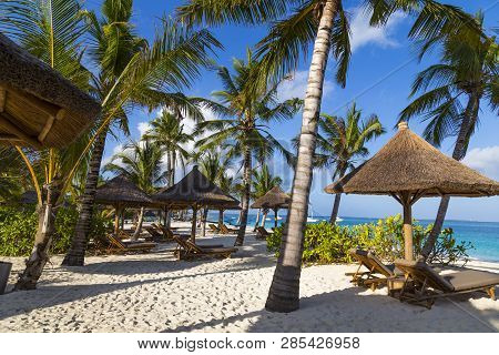 Beach Resort. Palm Trees, Sand, Turquoise Ocean Against The Blue Cloudy Sky. Ocean Coast Of Zanzibar