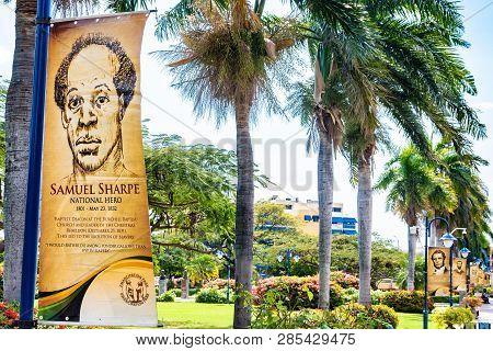 Saint Andrew, Jamaica - February 05 2019: Row Of Memorial Banners Of Jamaican National Heroes Inside