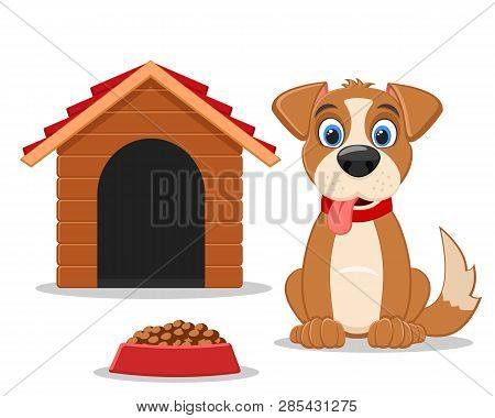 Set Of Dog, Doghouse And Food On A White.