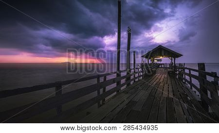 A Dramatic Rainy Storm During Sunset At Pontian Kecil In Johor Bahru Of Malaysia , Taking At The Top