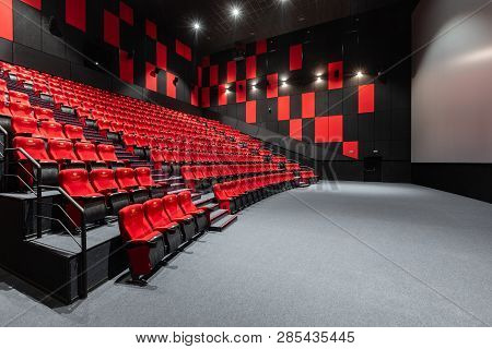 Russia, Nizhny Novgorod - November 14, 2016: Cinema Imperia Grez Nebo, Dolby Atmos. Empty Red Cinema