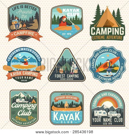 Set Of Summer Camp, Canoe And Kayak Club Badges. Vector. Concept For Patch, Stamp. Retro Design With