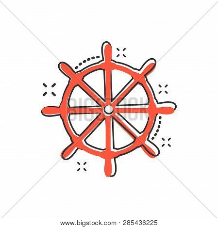 Vector Cartoon Steering Wheel Rudder Icon In Comic Style. Rudder Wheel Sign Illustration Pictogram. 