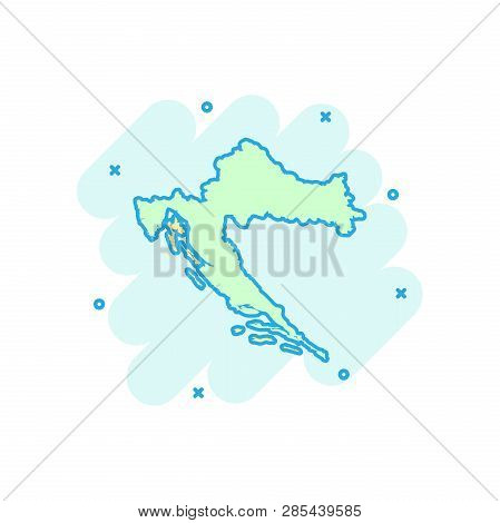 Vector Cartoon Croatia Map Icon In Comic Style. Croatia Sign Illustration Pictogram. Cartography Map