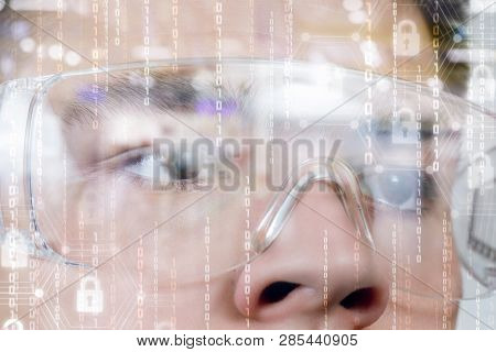 A Closeup Of A Male Face Wearing Transparent Virtual Reality Glasses With Binary Codes At The Foregr