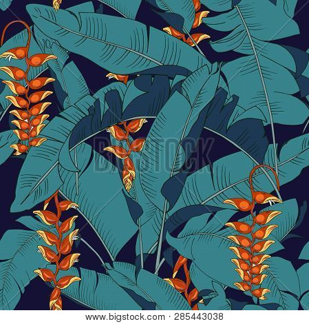Flowers And Leaves Heliconia, Seamless Vector Pattern With Tropical Plants