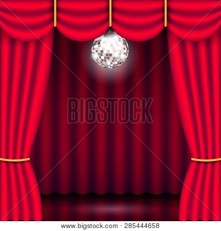 Theater Stage Backdrop With Red Curtain And Bright Mirror Silver Disco Ball. Show Background Perform