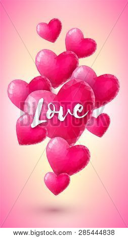 Vertical Banner With Pink Origami Hearts On Colorful Gradient Background. Low-poly Style Vector Illu