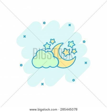 Vector Cartoon Moon And Stars With Clods Icon In Comic Style. Nighttime Concept Illustration Pictogr