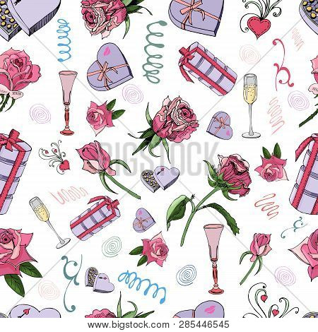 Seamless Pattern Of Rose Flowes With Leaves, Candy And Other Different Gifts Isolated On White Backg