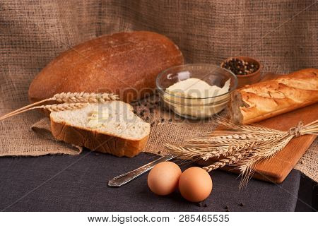 Breads And Butter Concept Of Teasty Home Food Close Up On Table