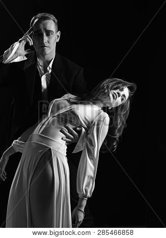 Greatest Love Story. Mime Man And Woman Act In Romantic Scene. Couple Of Mime Artists Perform Romanc