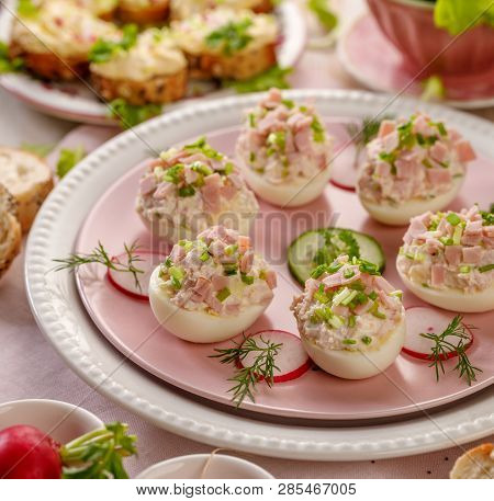 Deviled Eggs, Stuffed Eggs Filled With A Paste Made From Smoked Ham, Mayonnaise, Egg Yolks And Fresh