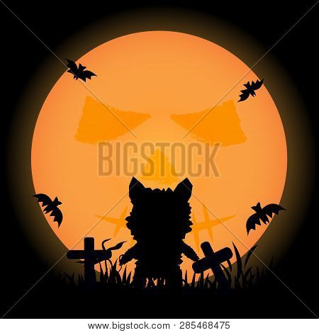 Dark Halloween Background With Moon On Sky, Werewolf, With  Flying Bats, Illustration.