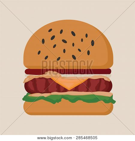 Hamburger Cheese And Beef Fast Food. Vector Drawing